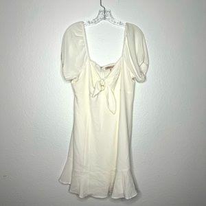 BCBGeneration Puff Sleeve Tie Bust White Ruffle Mini‎ Dress Size L NWOT